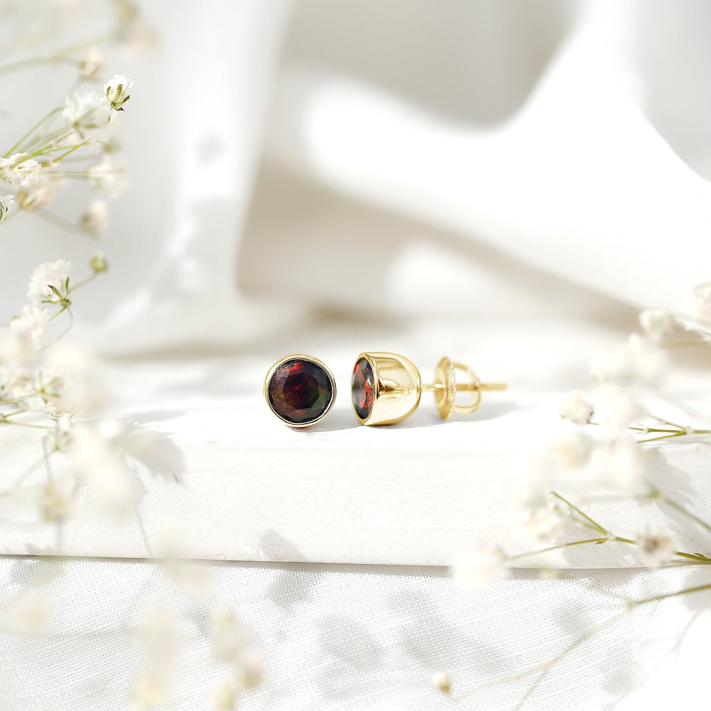 Bezel Set 6mm Black Opal Stud Earrings with Certificate
