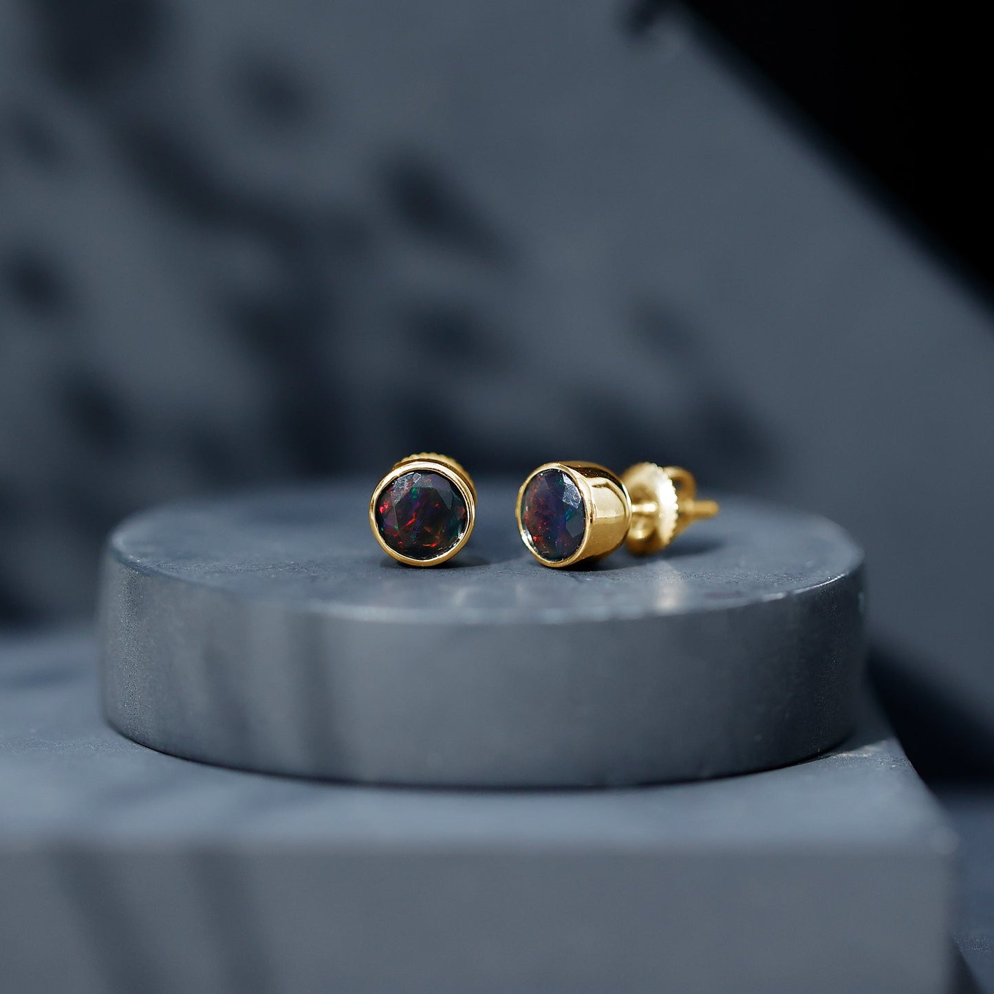 Bezel Set 6mm Black Opal Stud Earrings with Certificate