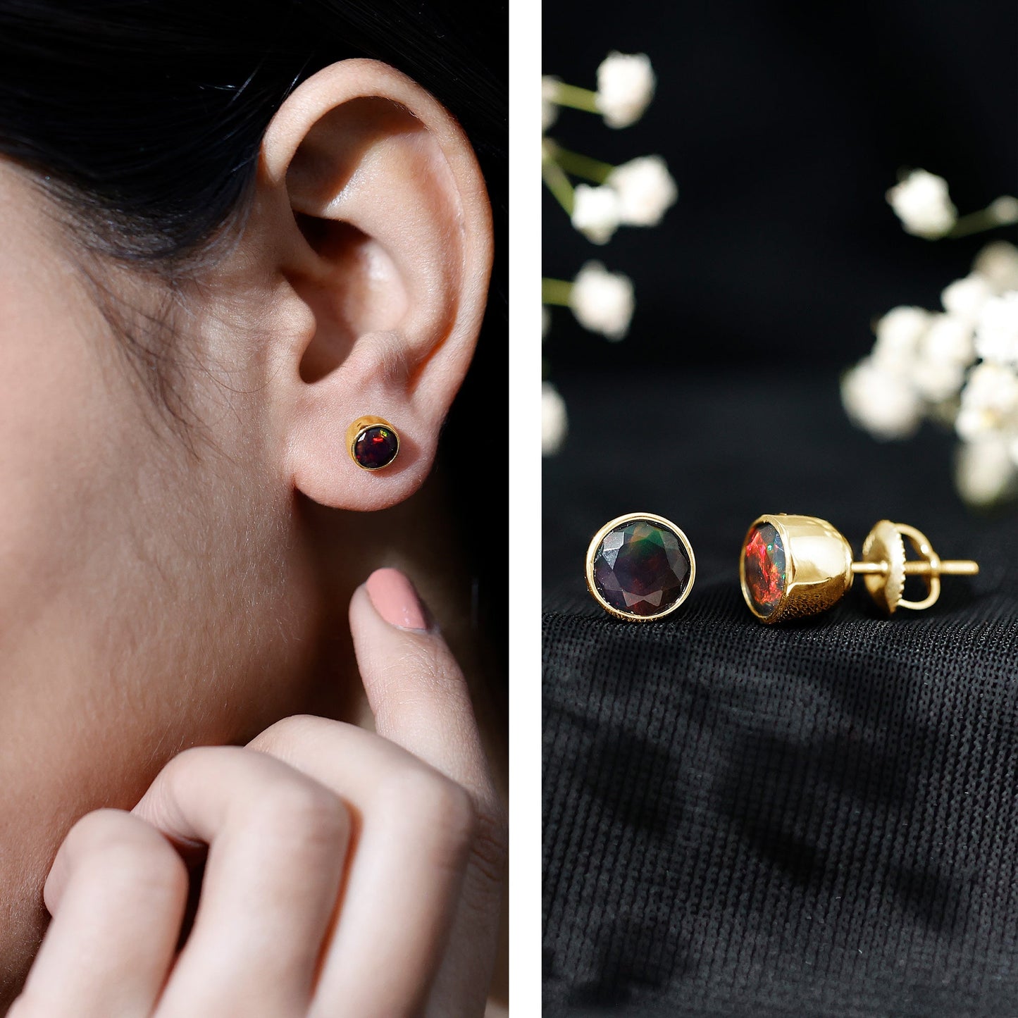 Bezel Set 6mm Black Opal Stud Earrings with Certificate