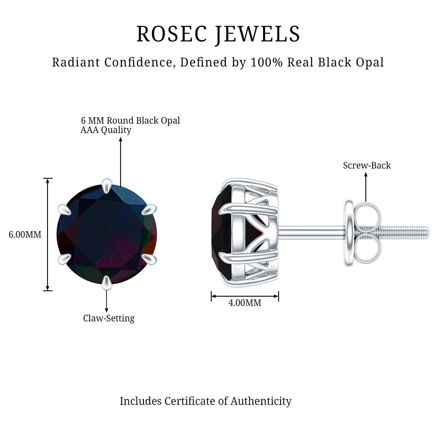 6 MM Claw Set Black Opal Solitaire Stud earrings