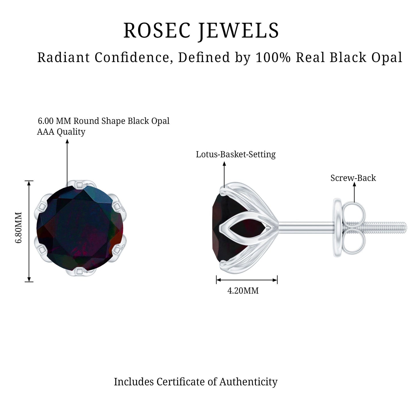 1.6 Carat Round Shape Black Opal Solitaire Stud Earrings