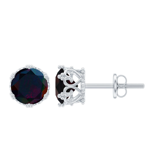 Natural 1.6 Carat Black Opal Crown Stud Earrings in Silver