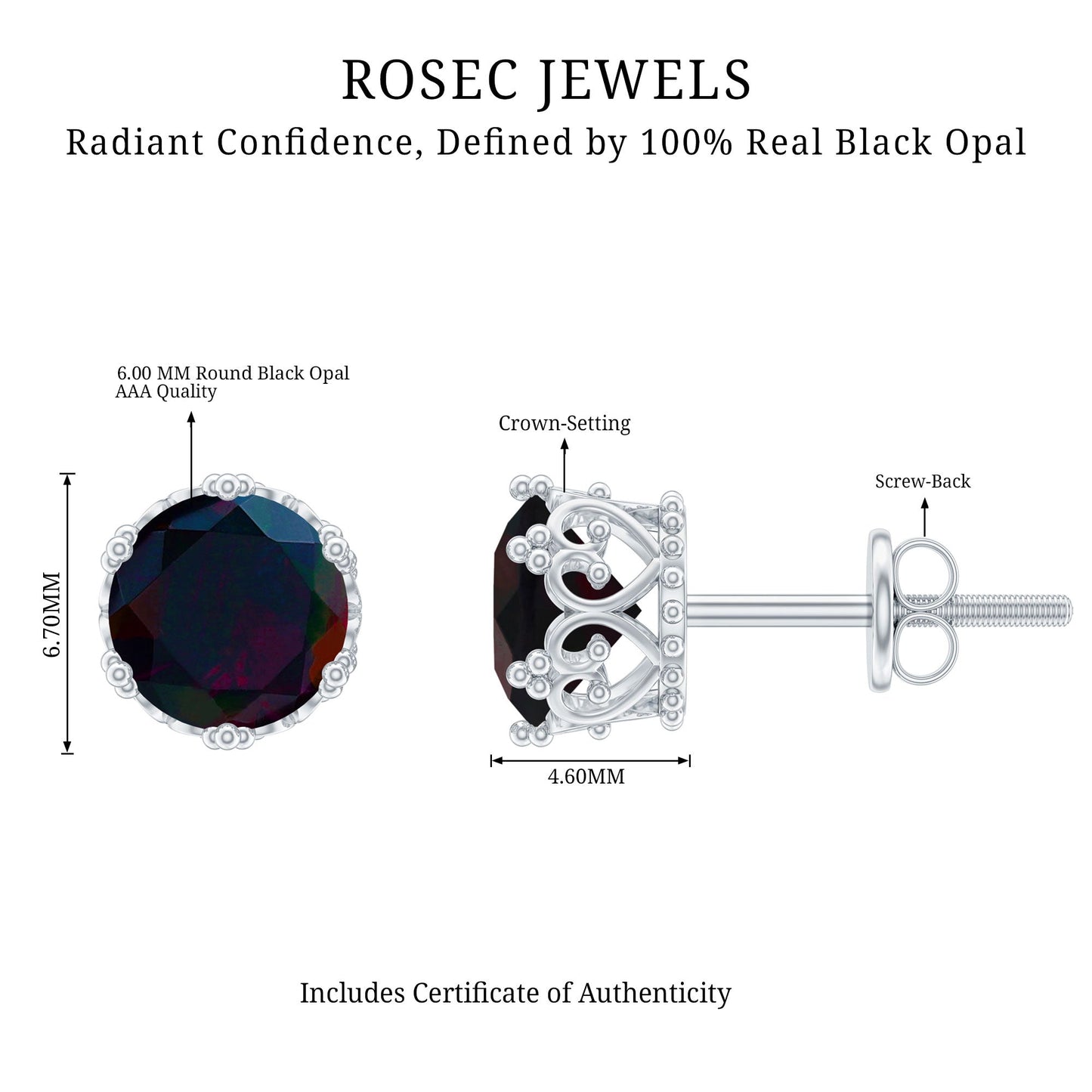 Natural 1.6 Carat Black Opal Crown Stud Earrings in Silver