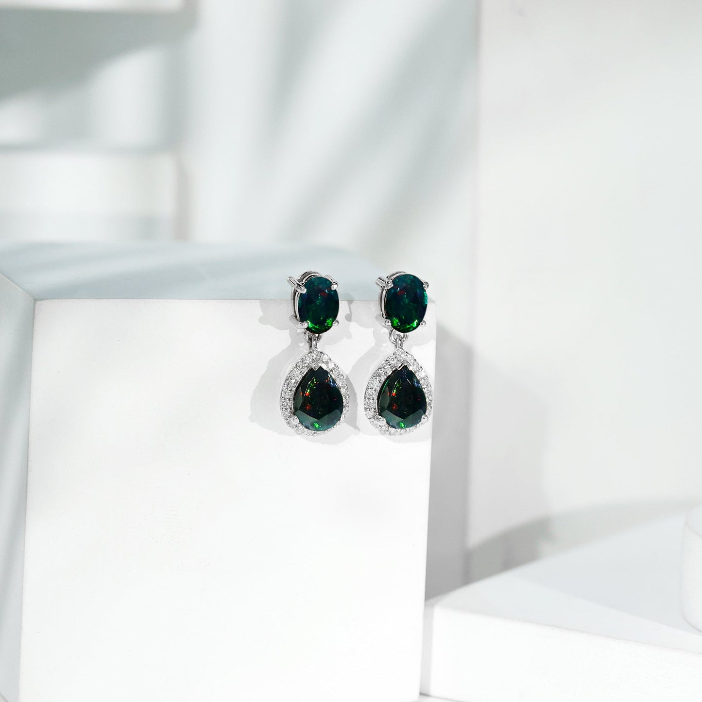 Oval and Pear Shape Black Opal Drop Earrings with Diamond