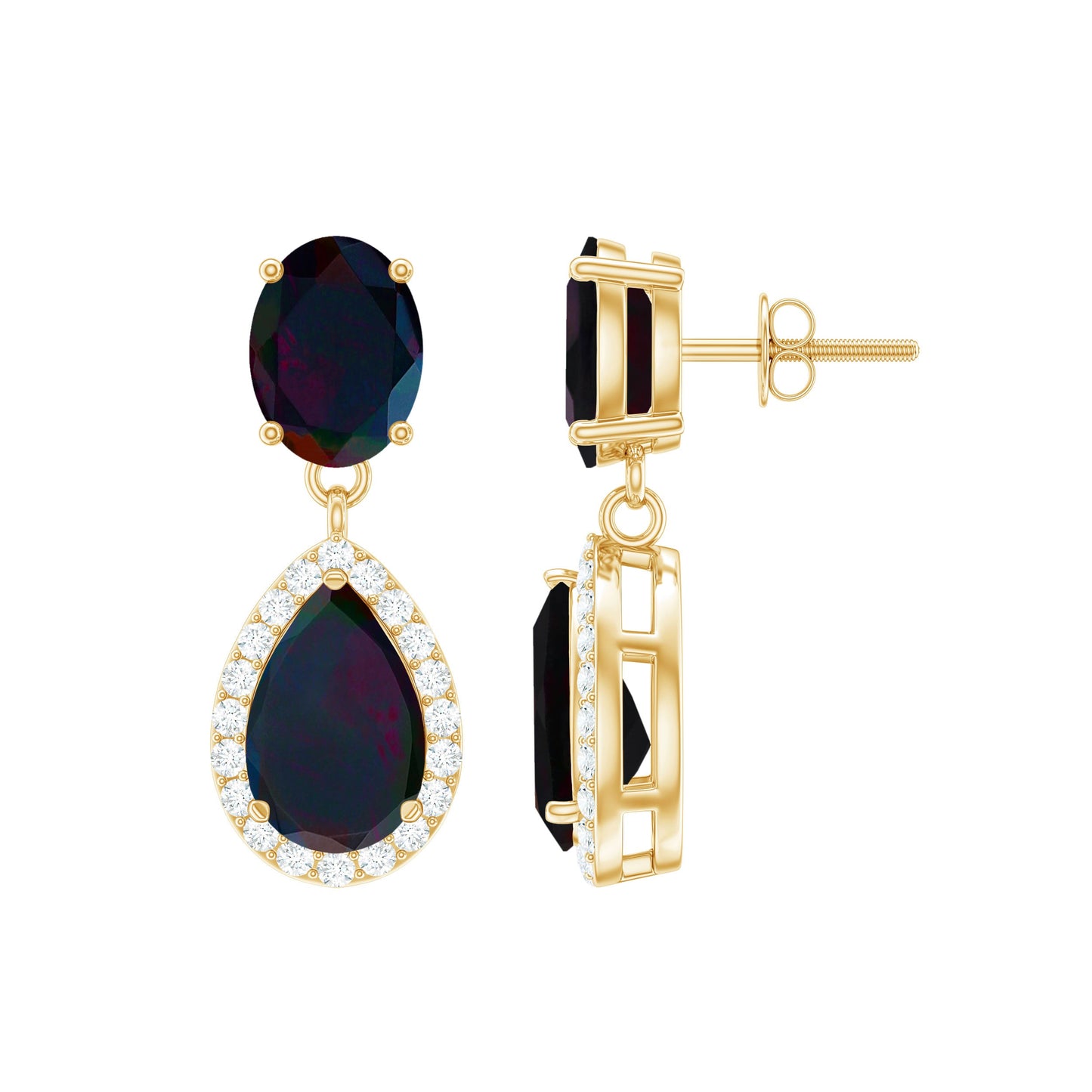 Oval and Pear Shape Black Opal Drop Earrings with Diamond
