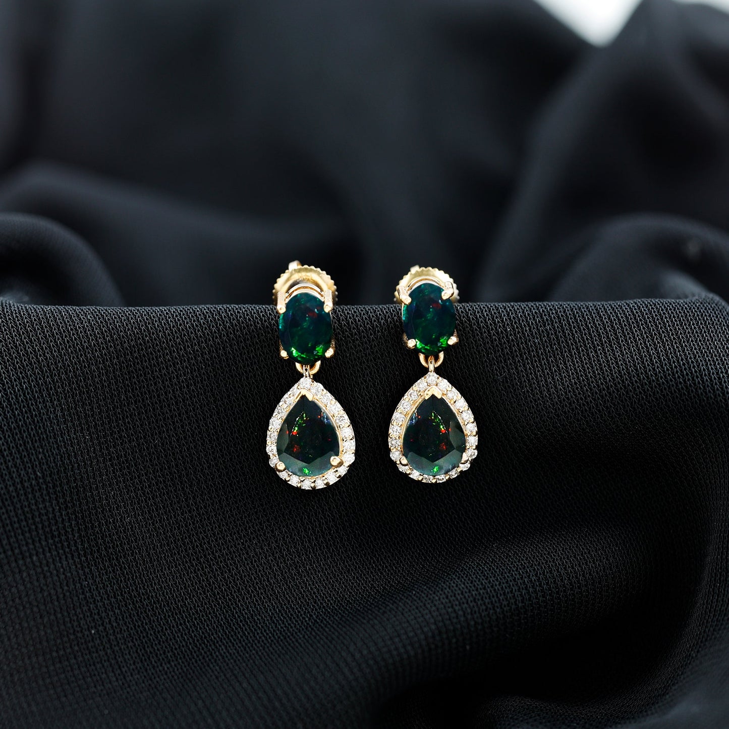 Oval and Pear Shape Black Opal Drop Earrings with Diamond