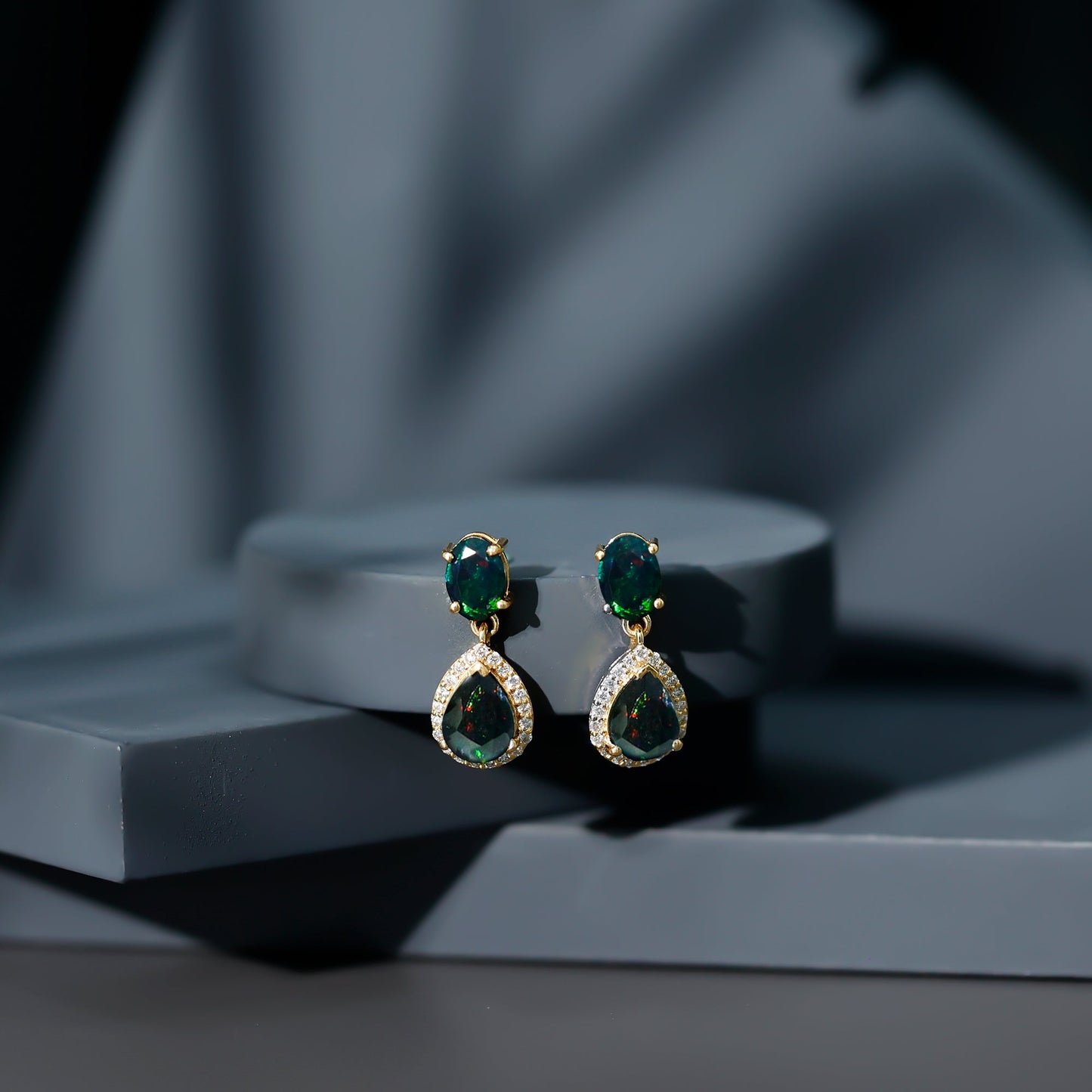 Oval and Pear Shape Black Opal Drop Earrings with Diamond