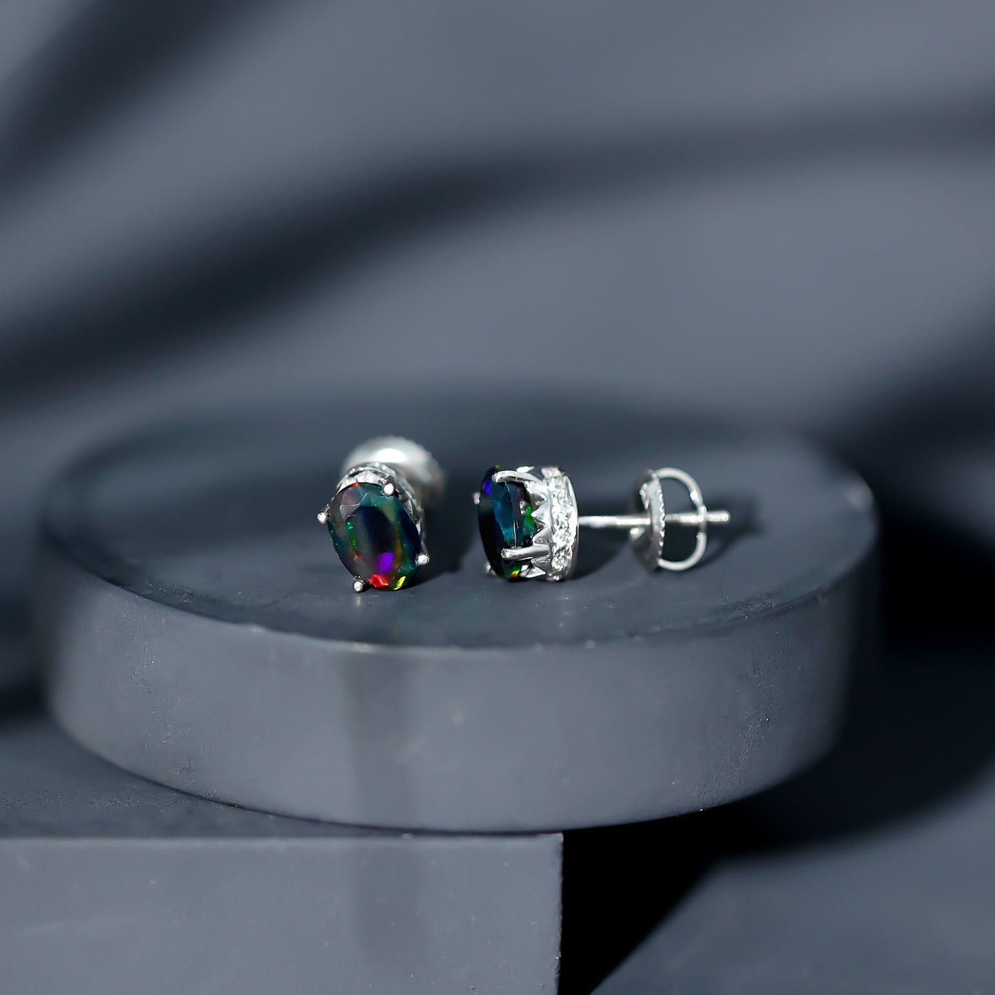 2 CT Oval Black Opal Solitaire Stud Earrings with Moissanite