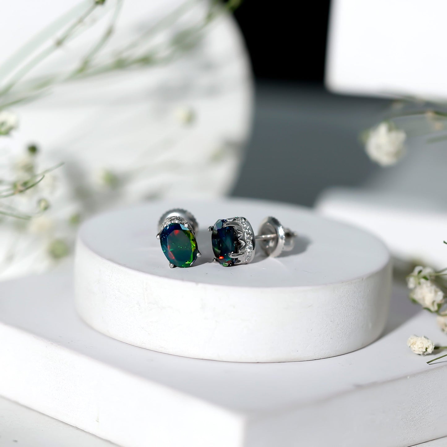 2 CT Oval Black Opal Solitaire Stud Earrings with Moissanite
