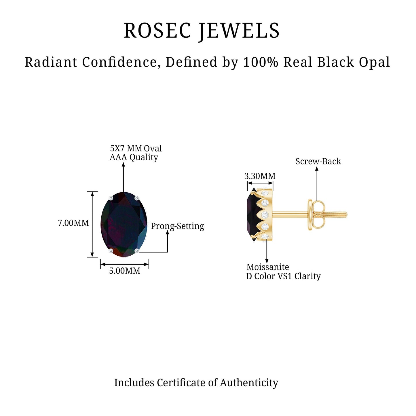 2 CT Oval Black Opal Solitaire Stud Earrings with Moissanite