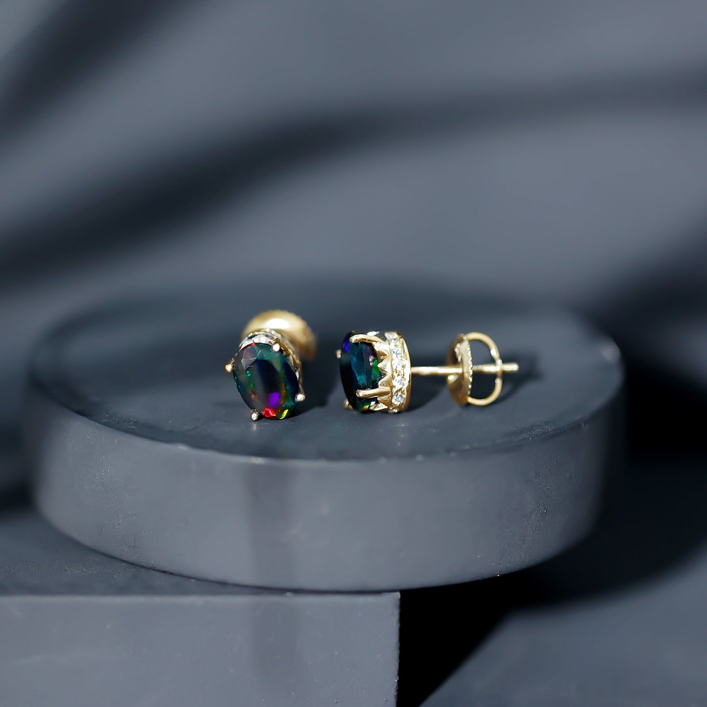 2 CT Oval Black Opal Solitaire Stud Earrings with Moissanite