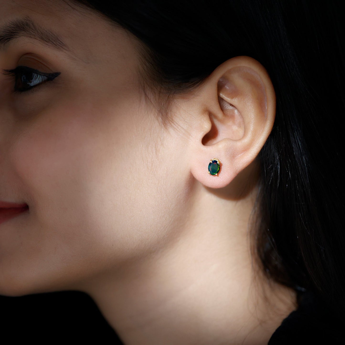 2 CT Oval Black Opal Solitaire Stud Earrings with Moissanite