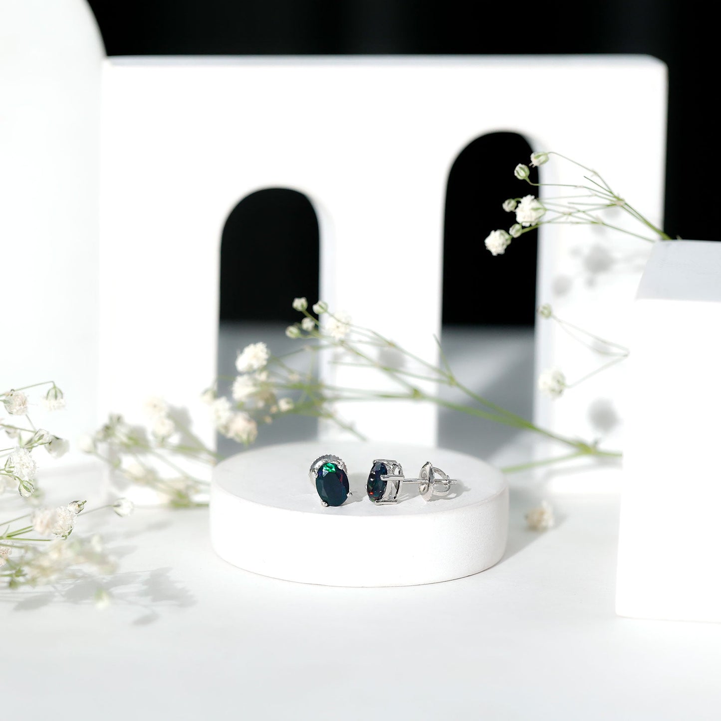 Real Black Opal Solitaire Stud Earrings in 4 Prong Setting