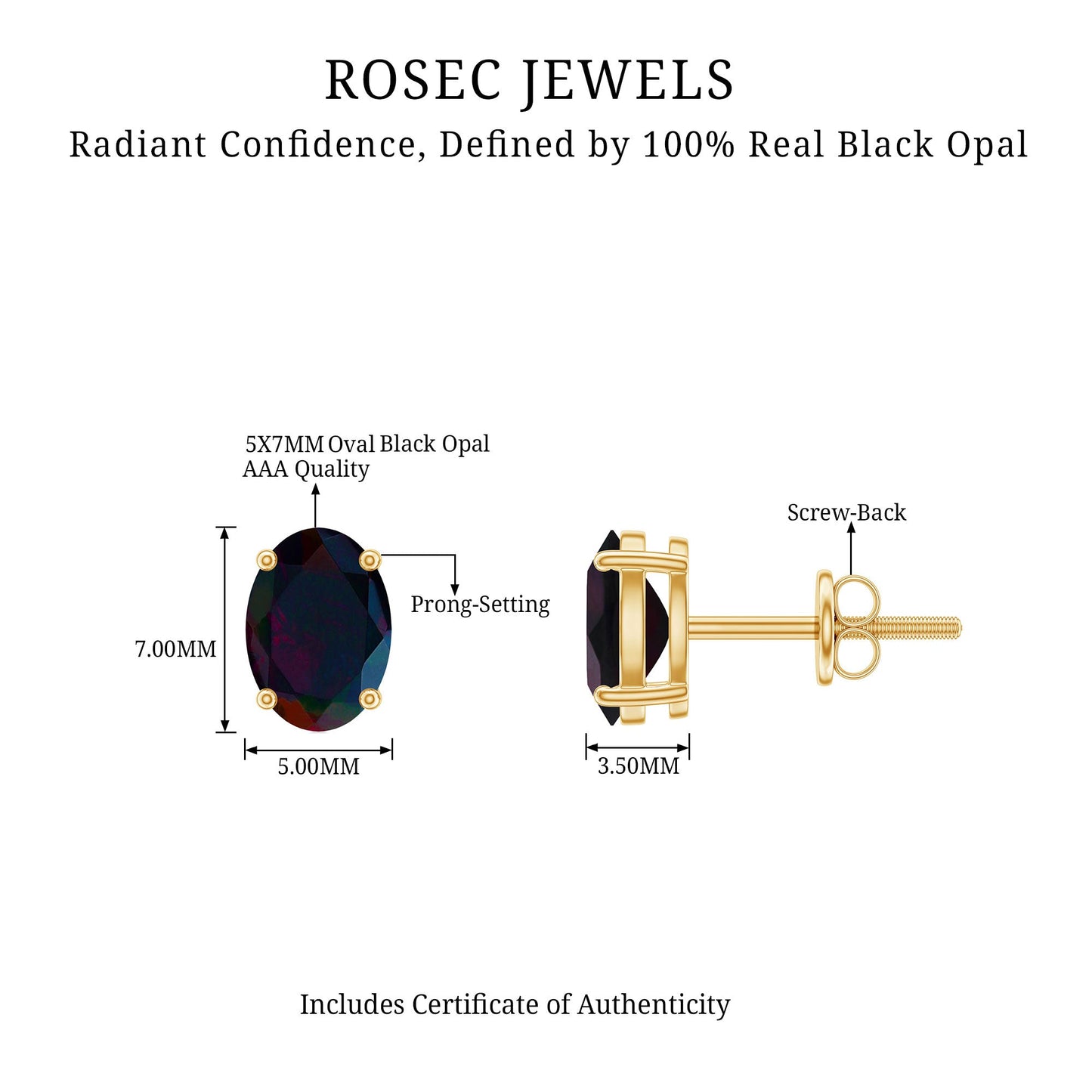 Real Black Opal Solitaire Stud Earrings in 4 Prong Setting