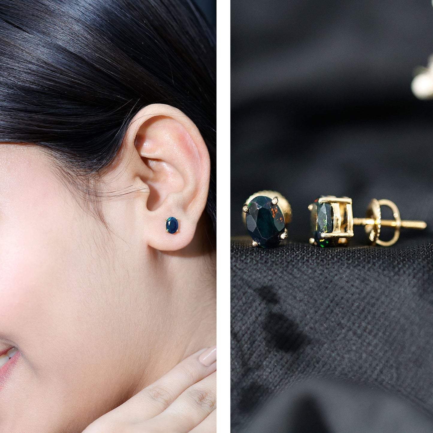 Real Black Opal Solitaire Stud Earrings in 4 Prong Setting