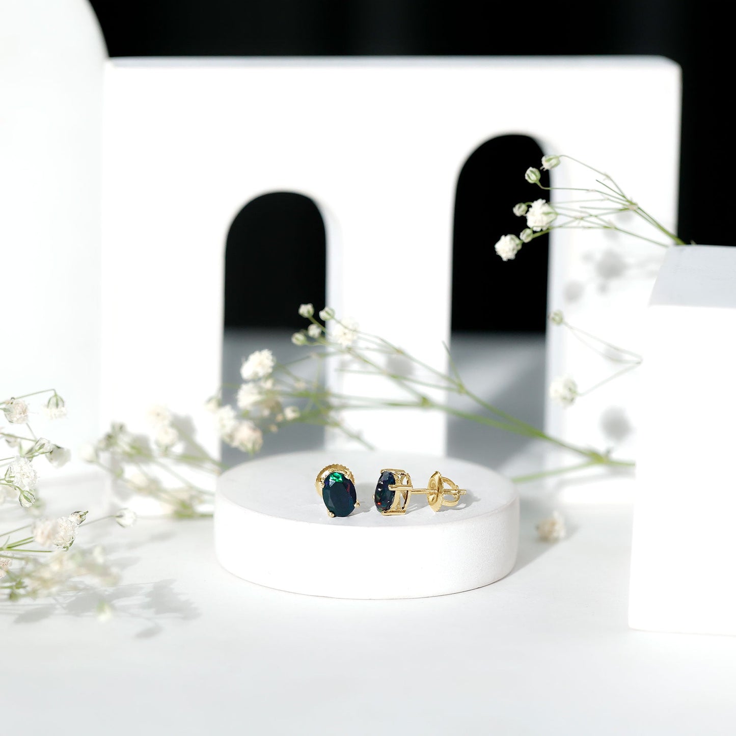 Real Black Opal Solitaire Stud Earrings in 4 Prong Setting