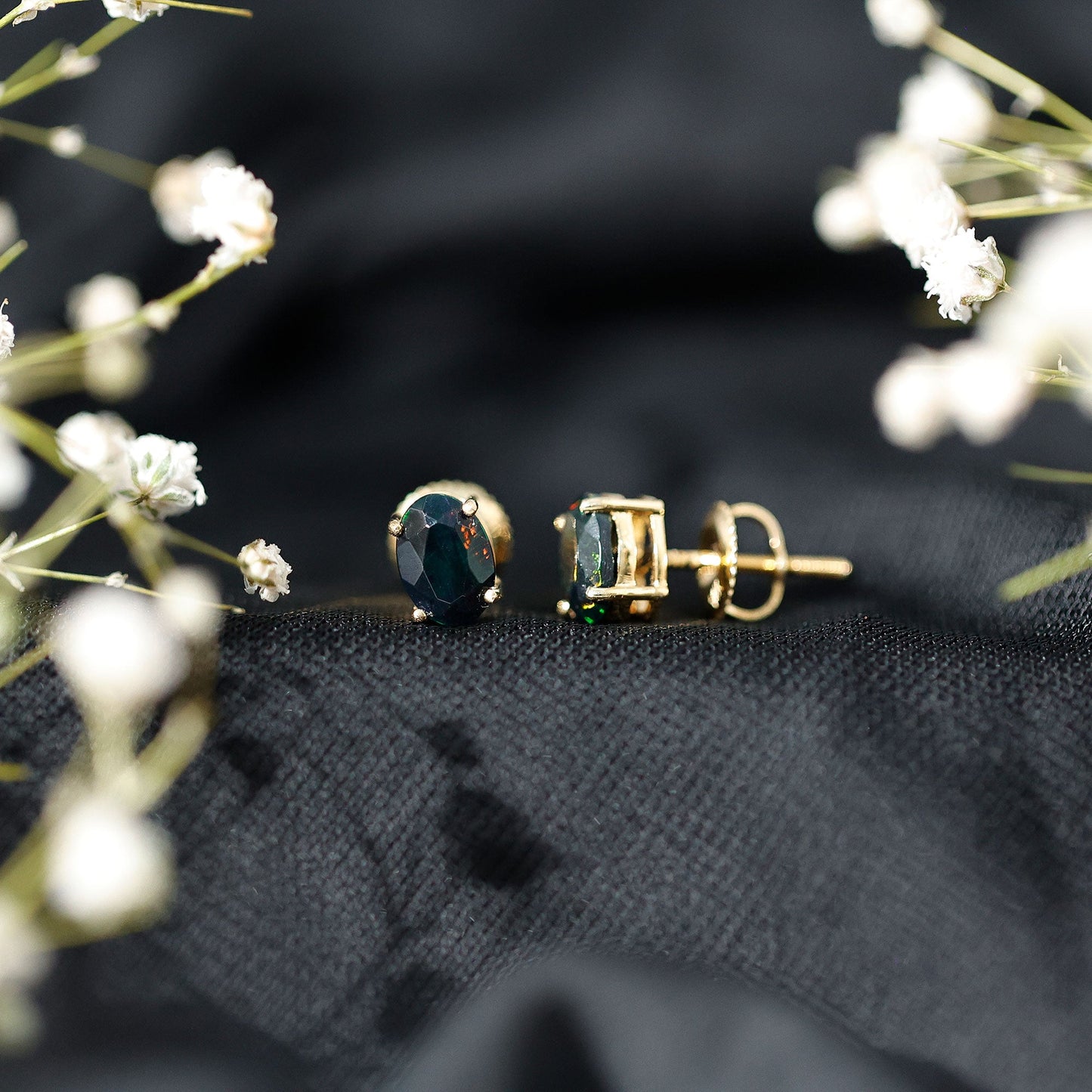 Real Black Opal Solitaire Stud Earrings in 4 Prong Setting