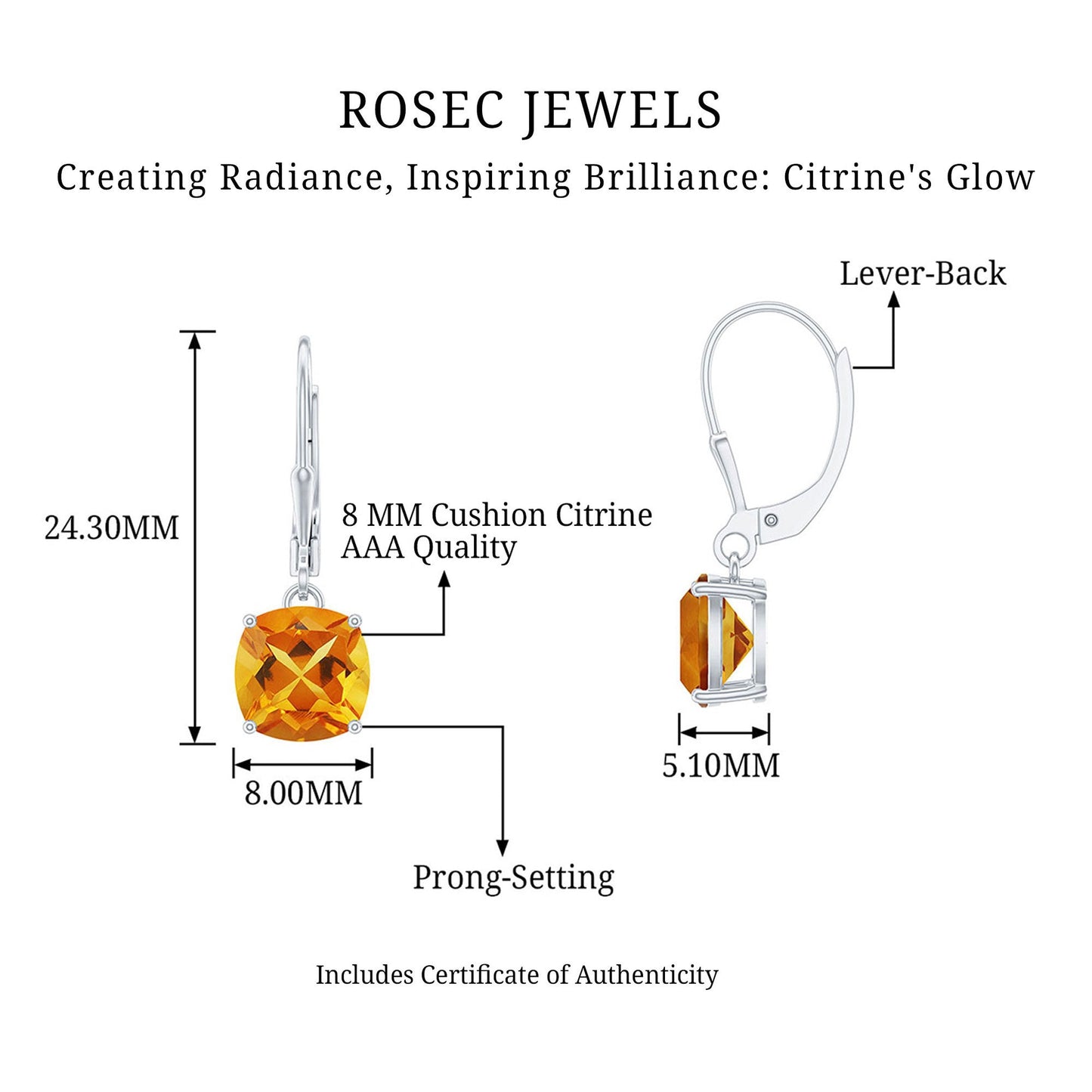8MM Cushion Cut Citrine Solitaire Drop Earrings