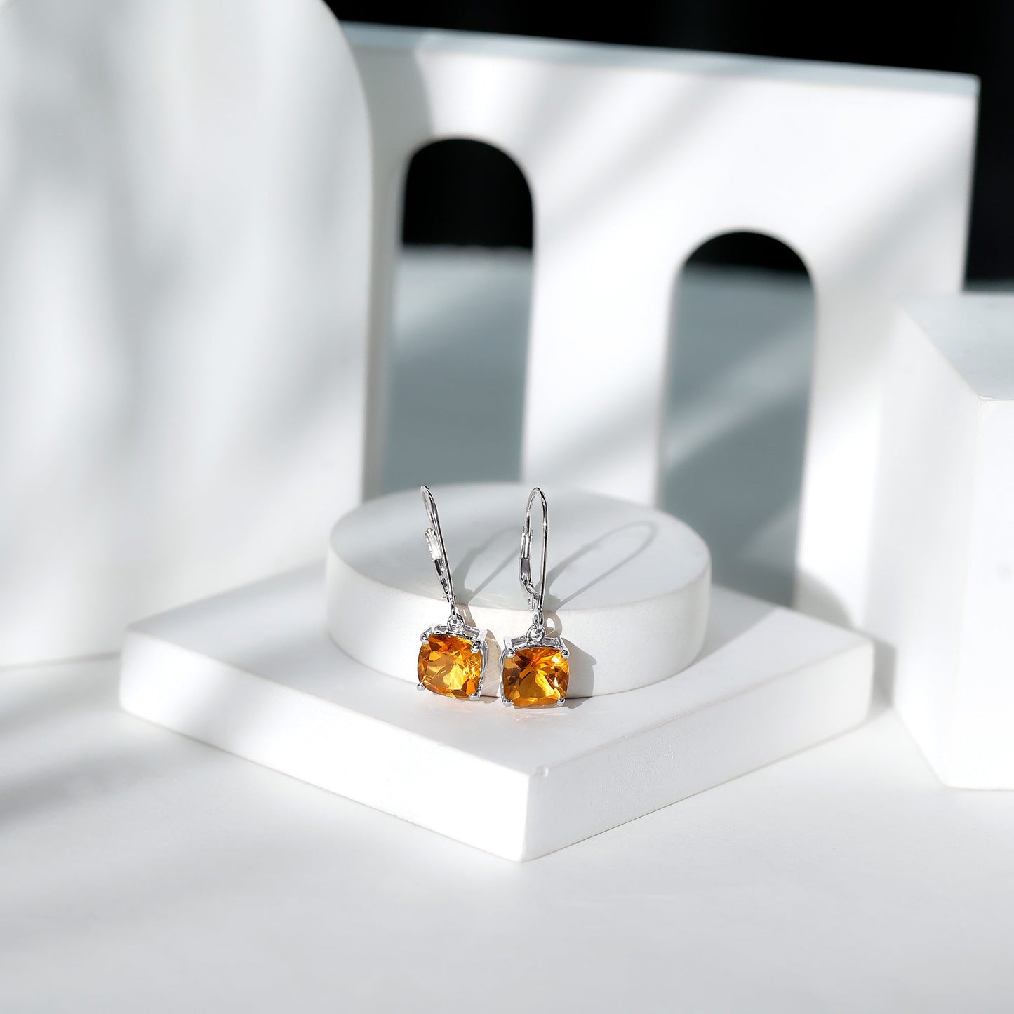 8MM Cushion Cut Citrine Solitaire Drop Earrings