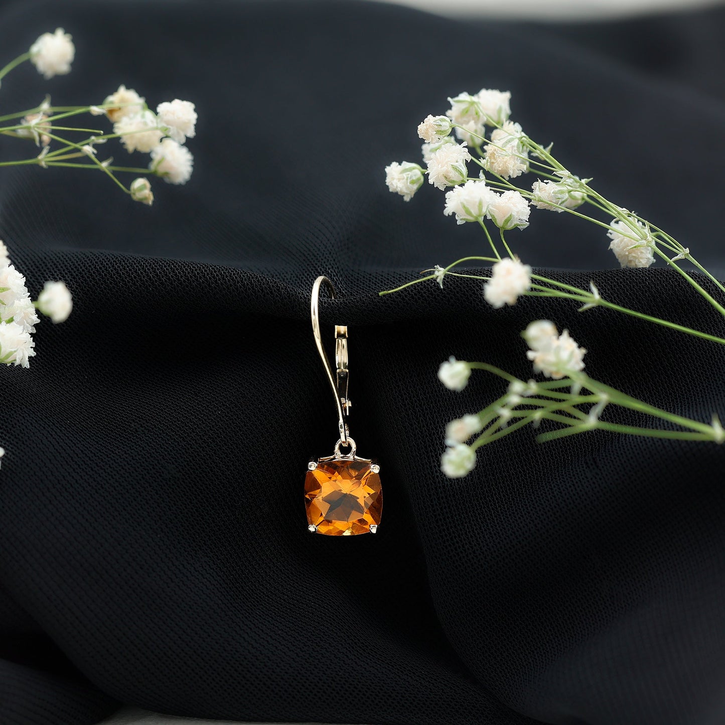 8MM Cushion Cut Citrine Solitaire Drop Earrings