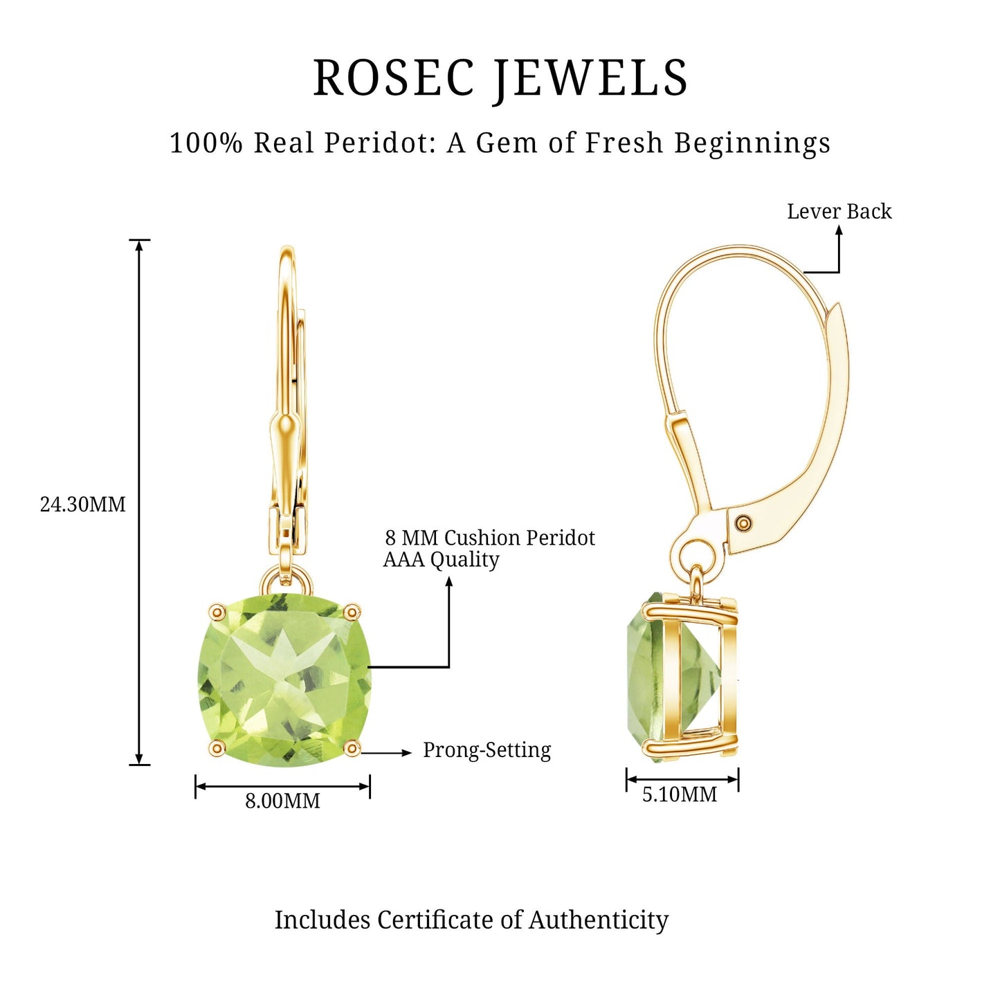 4 Carat Cushion Cut Peridot Solitaire Drop Earrings with Leverback