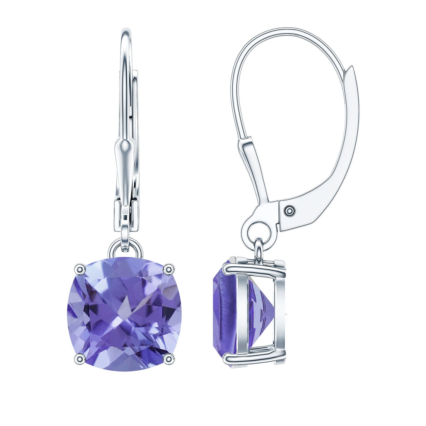 8MM Cushion Cut Lab Created Tanzanite Solitaire Drop Earrings