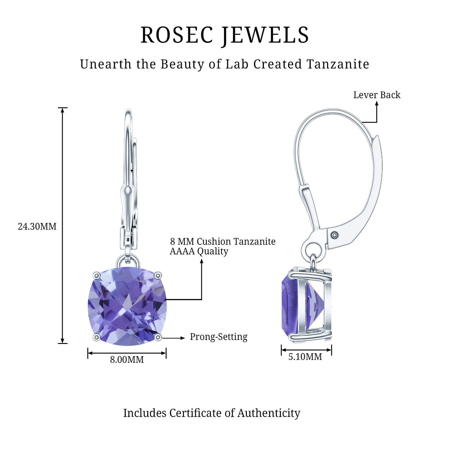 8MM Cushion Cut Lab Created Tanzanite Solitaire Drop Earrings