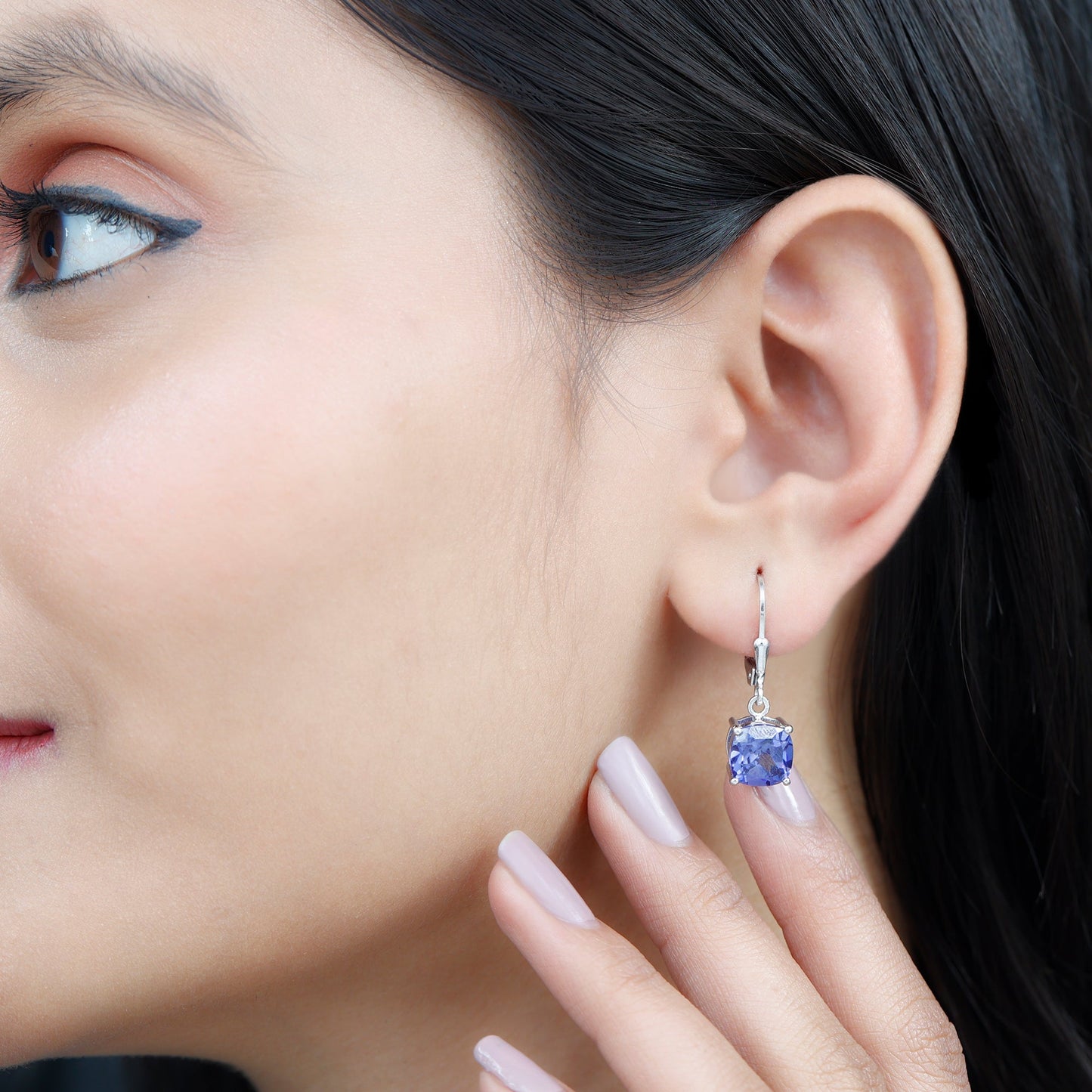 8MM Cushion Cut Lab Created Tanzanite Solitaire Drop Earrings