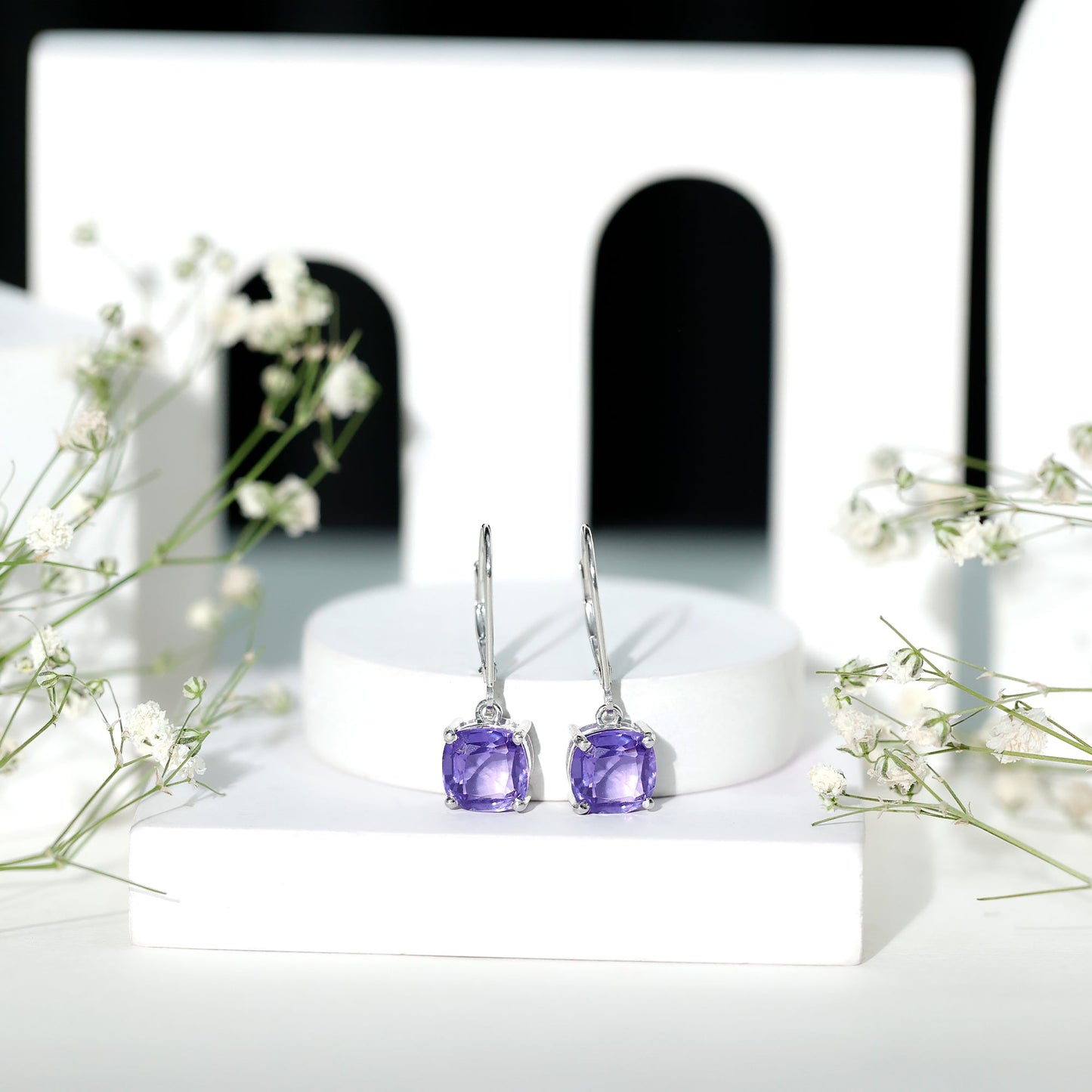 8MM Cushion Cut Lab Created Tanzanite Solitaire Drop Earrings