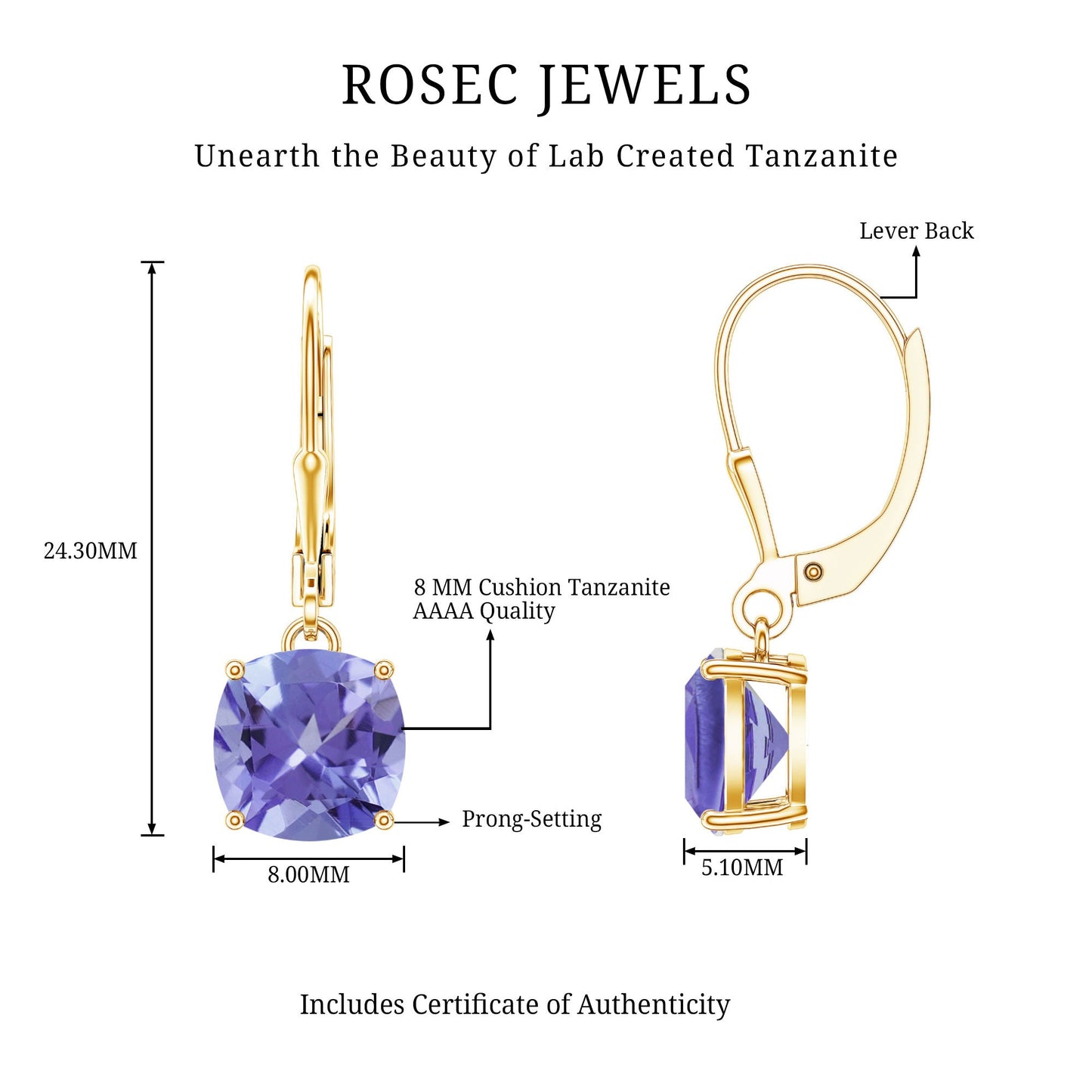 8MM Cushion Cut Lab Created Tanzanite Solitaire Drop Earrings