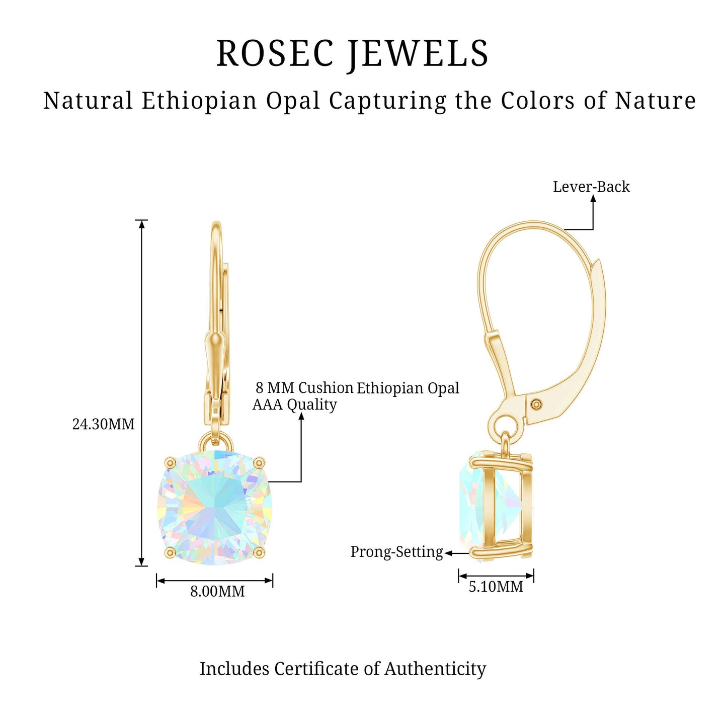 Cushion Cut Solitaire Ethiopian Opal Drop Earrings