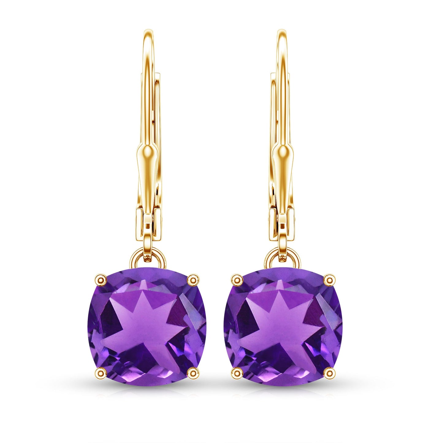Natural 8mm Cushion Cut Amethyst Drop Earrings with Lever Back