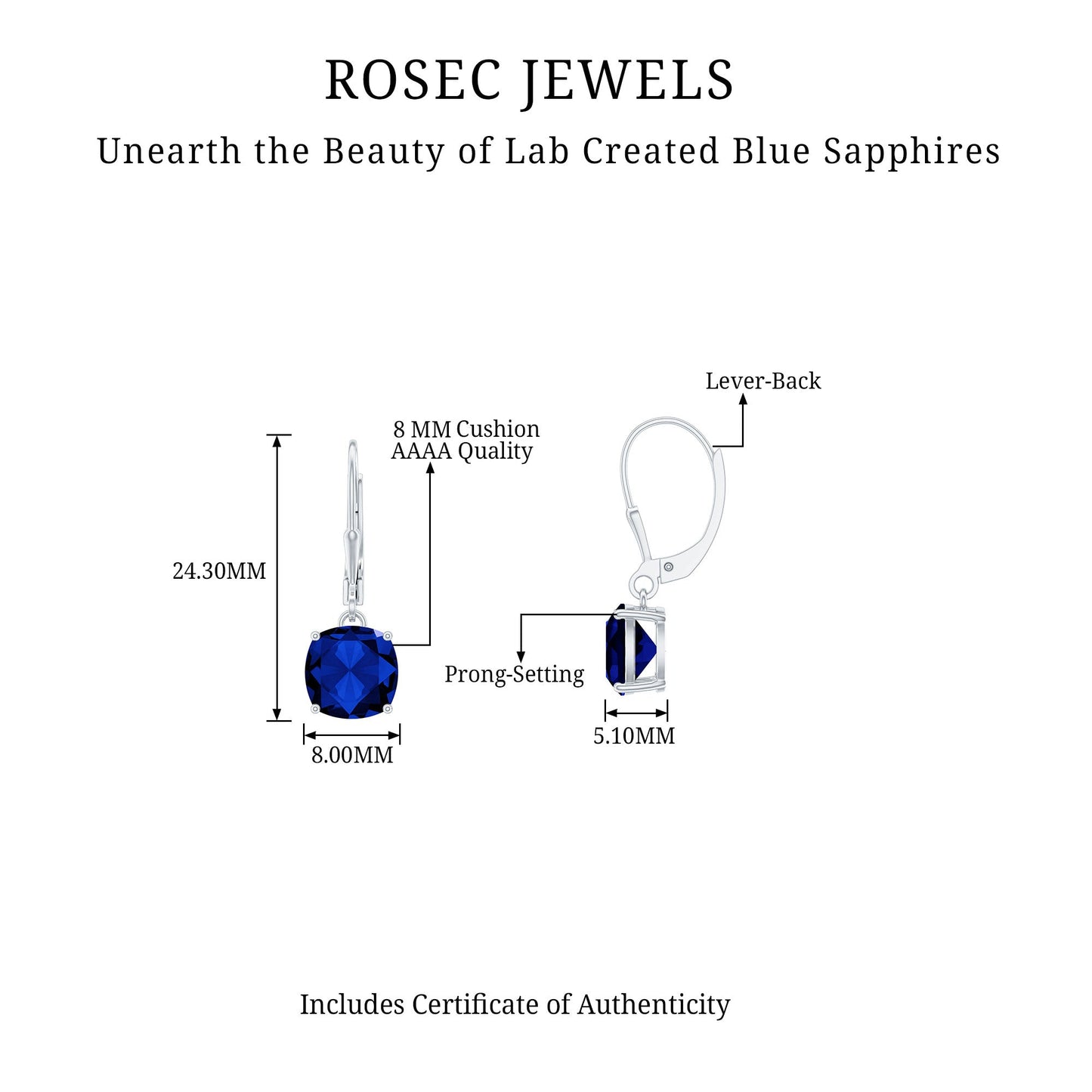 Cushion Cut Lab Grown Blue Sapphire Drop Hoop Earrings