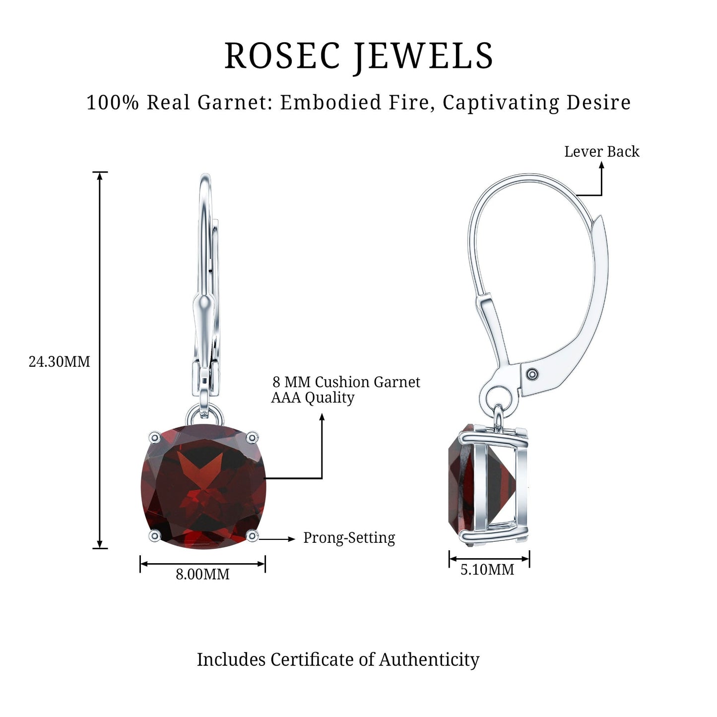 8 MM Cushion Cut Garnet Solitaire Drop Earrings with Lever Back