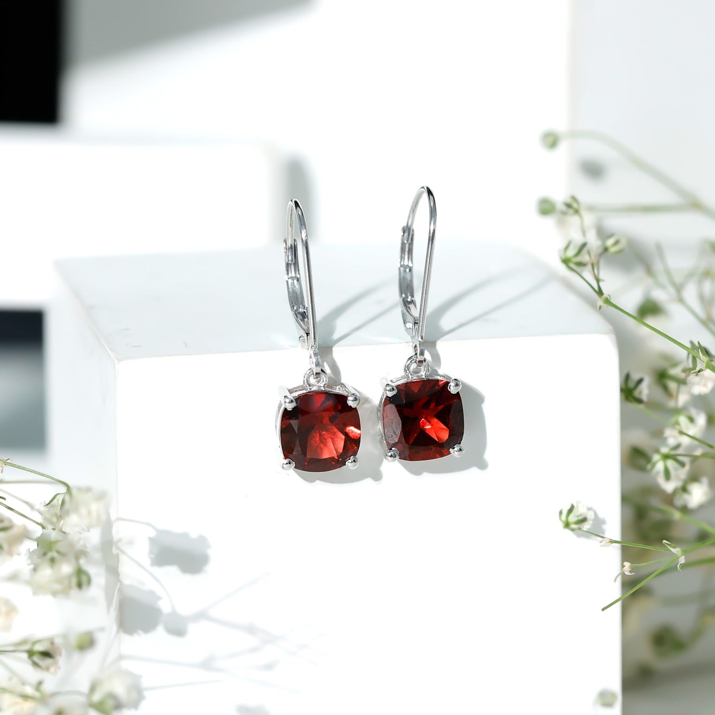 8 MM Cushion Cut Garnet Solitaire Drop Earrings with Lever Back