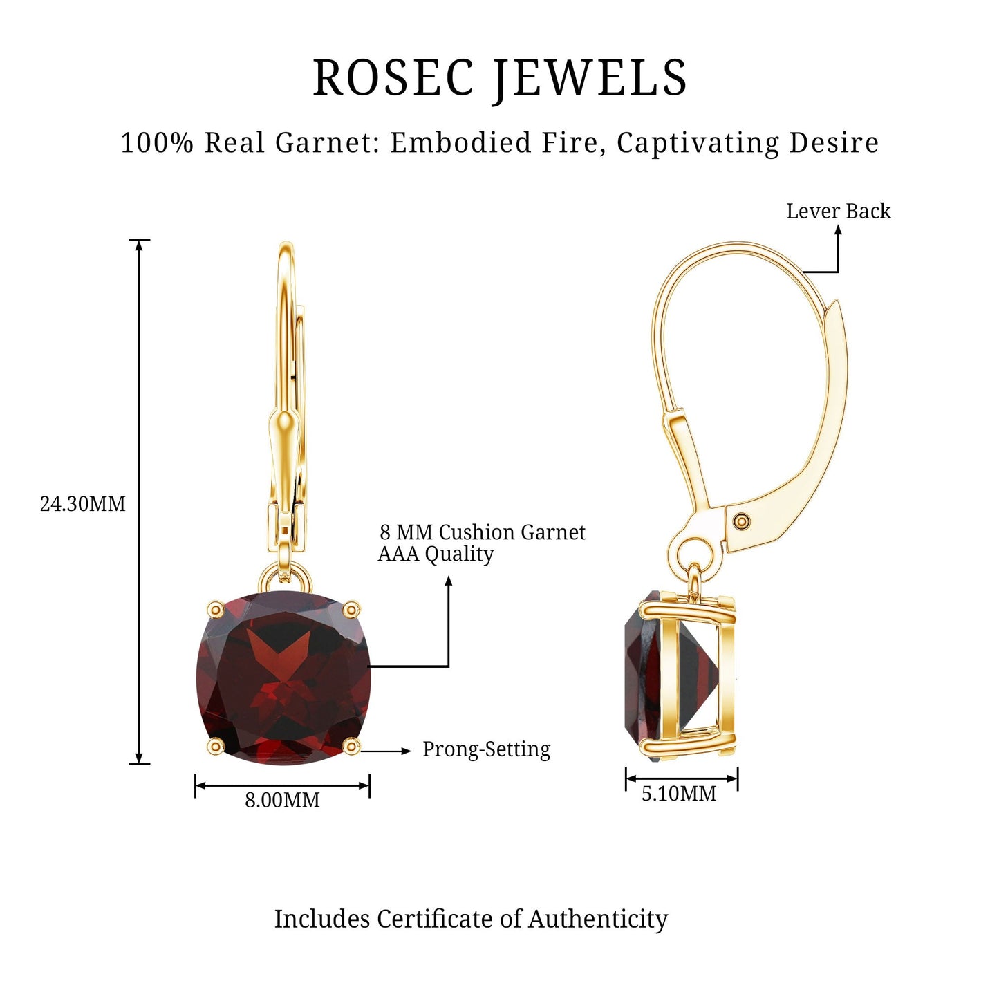8 MM Cushion Cut Garnet Solitaire Drop Earrings with Lever Back