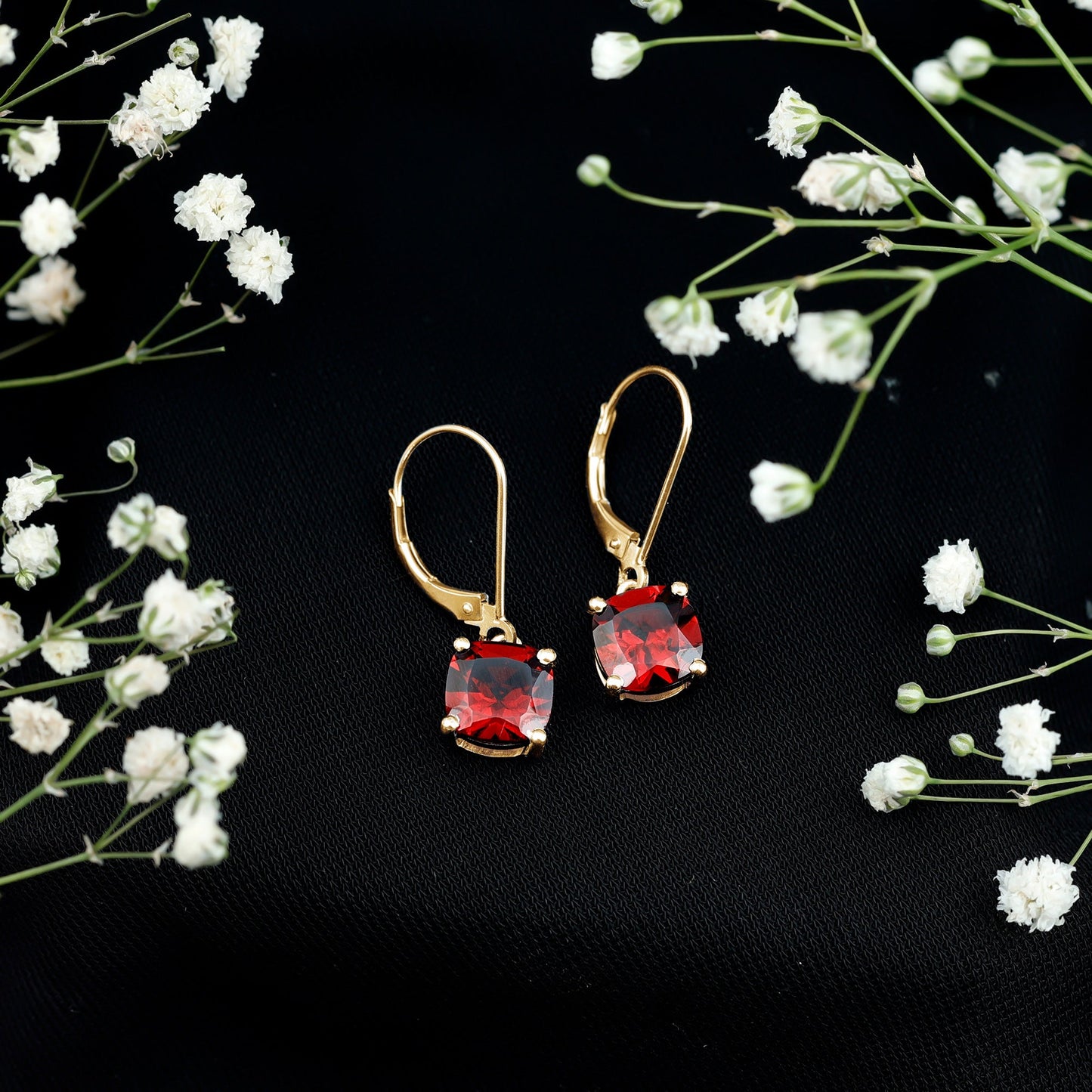 8 MM Cushion Cut Garnet Solitaire Drop Earrings with Lever Back