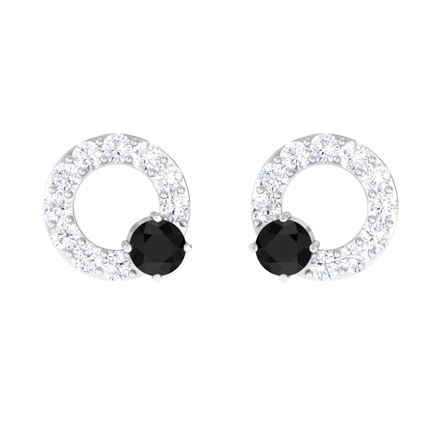 Real Black Onyx Circle Stud Earrings with Diamond
