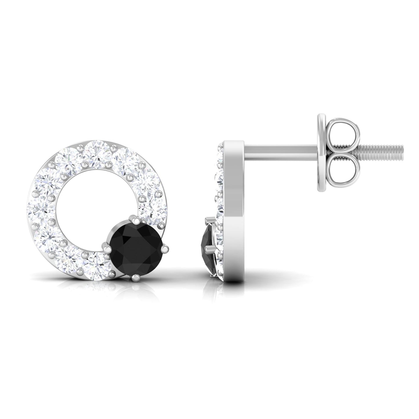 Real Black Onyx Circle Stud Earrings with Diamond