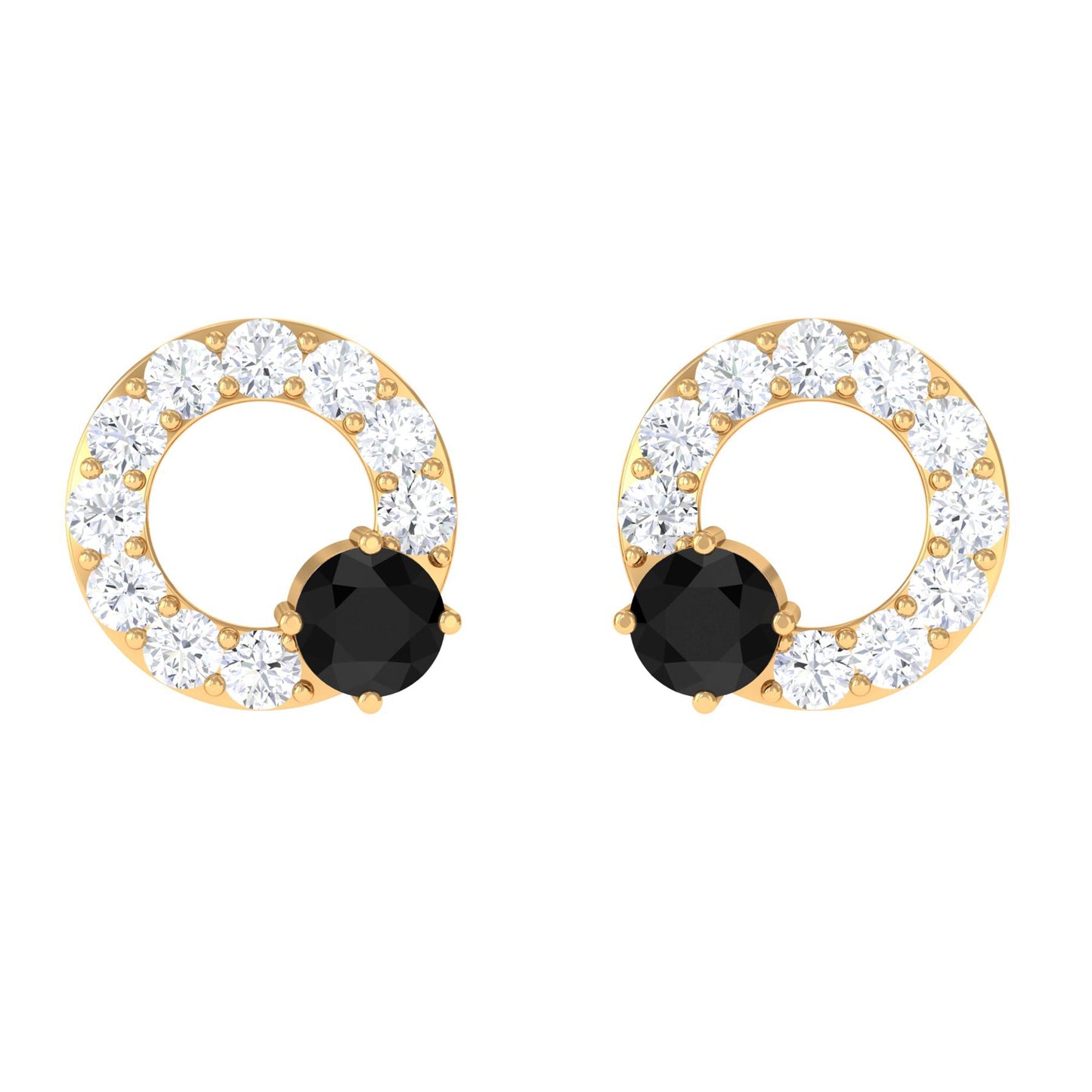 Real Black Onyx Circle Stud Earrings with Diamond