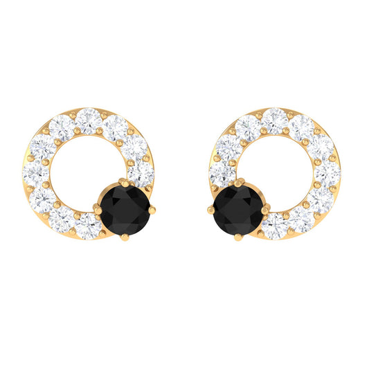 Real Black Onyx Circle Stud Earrings with Diamond