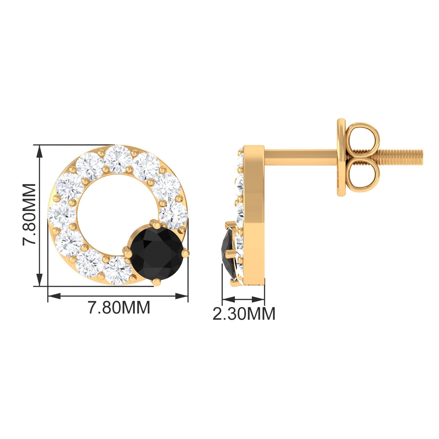 Real Black Onyx Circle Stud Earrings with Diamond