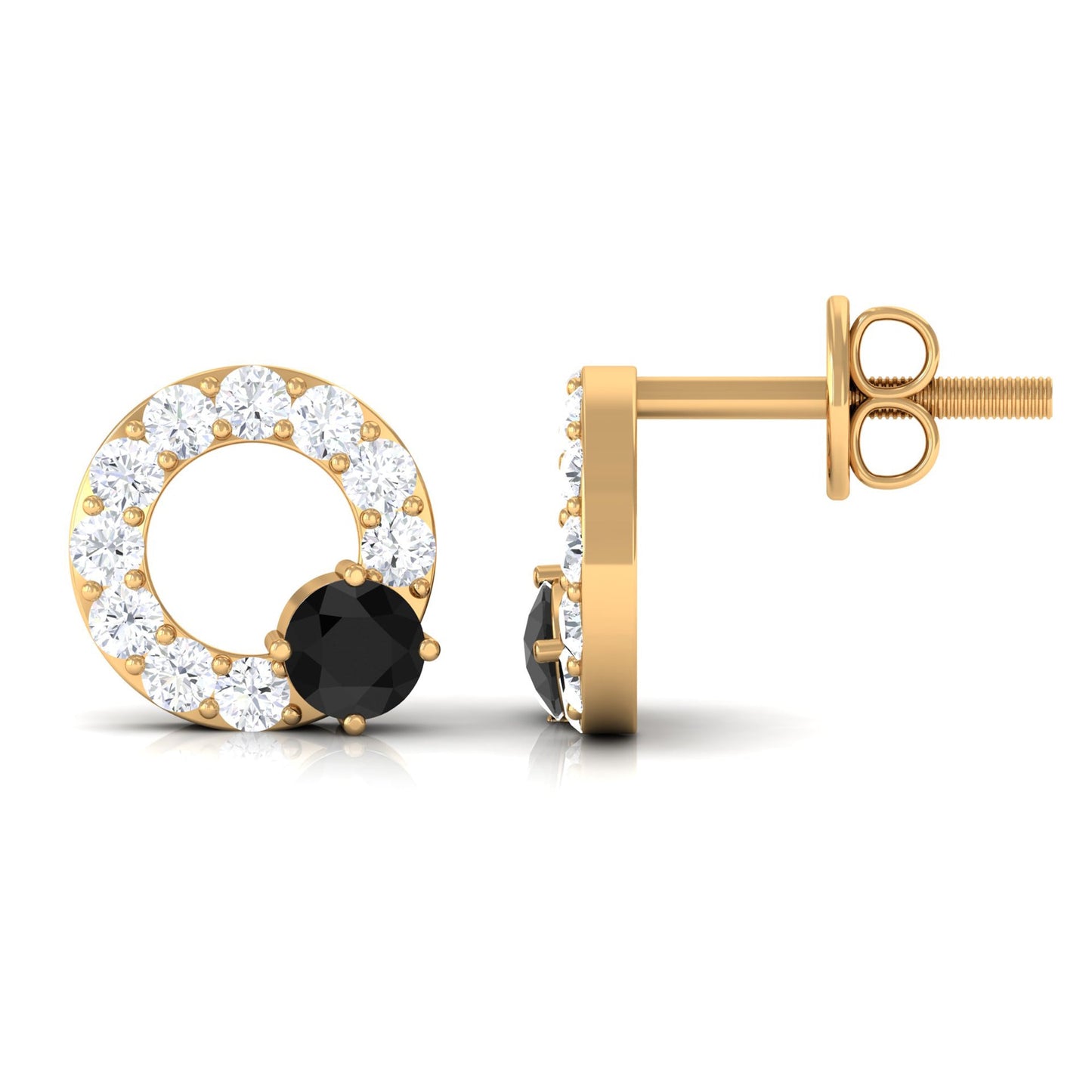 Real Black Onyx Circle Stud Earrings with Diamond
