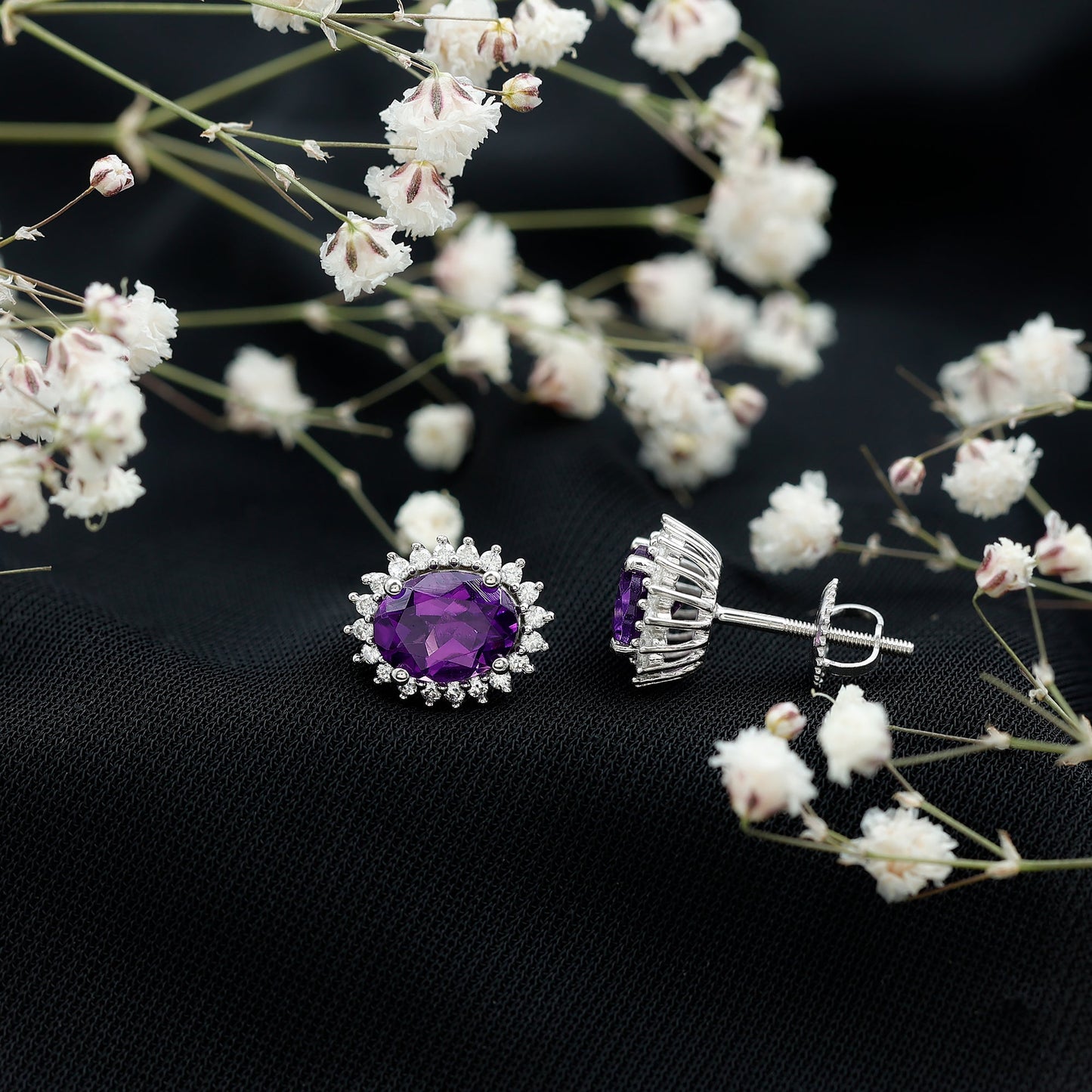 Oval 2.2 Carat Amethyst Stud Earrings With Moissanite Halo