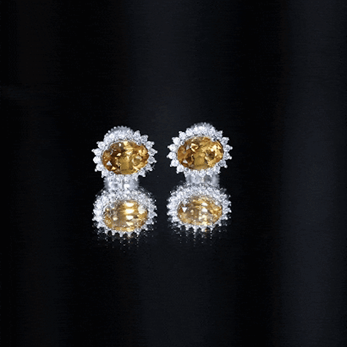 Natural 6X8mm Oval Citrine Stud Earrings with Halo