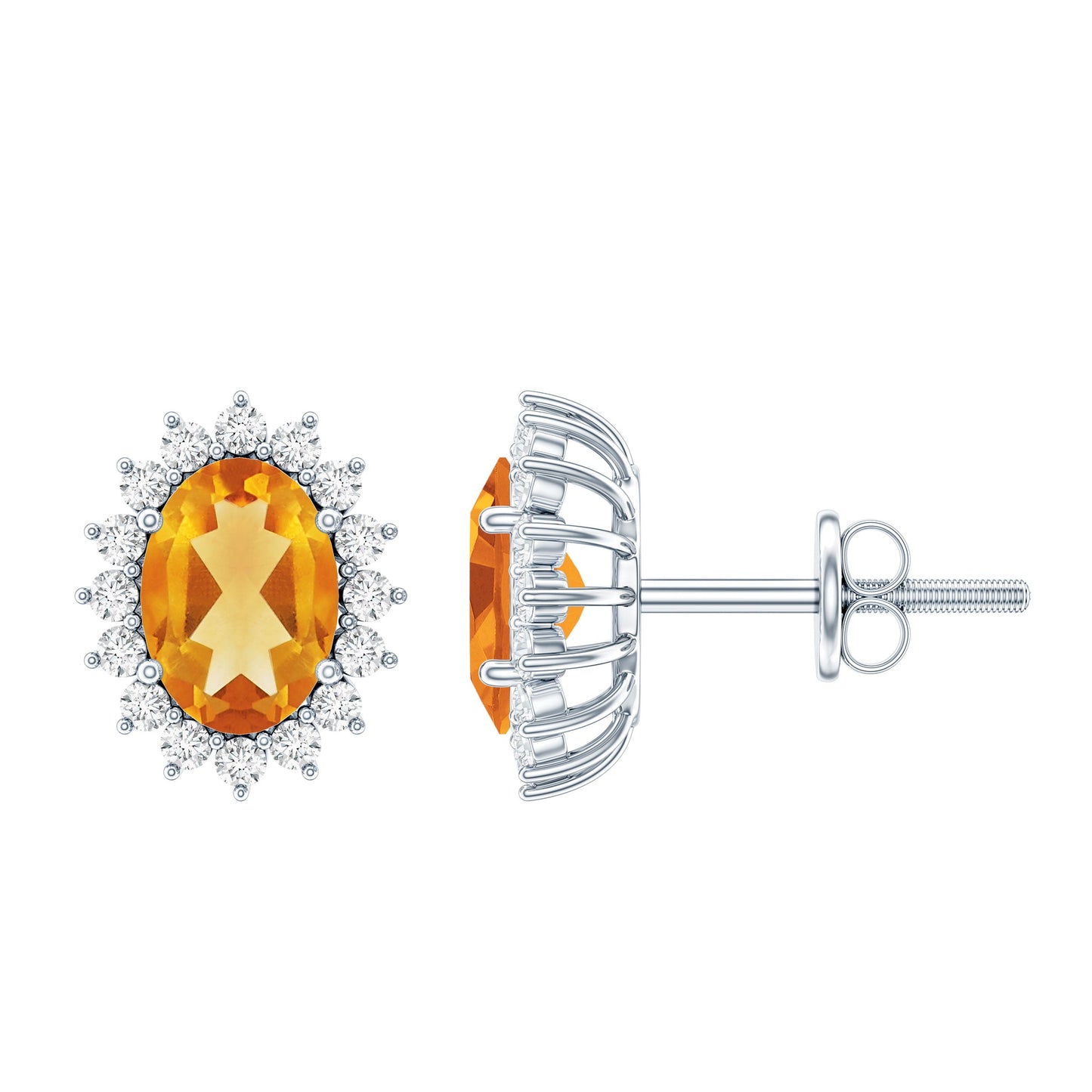 Natural 6X8mm Oval Citrine Stud Earrings with Halo