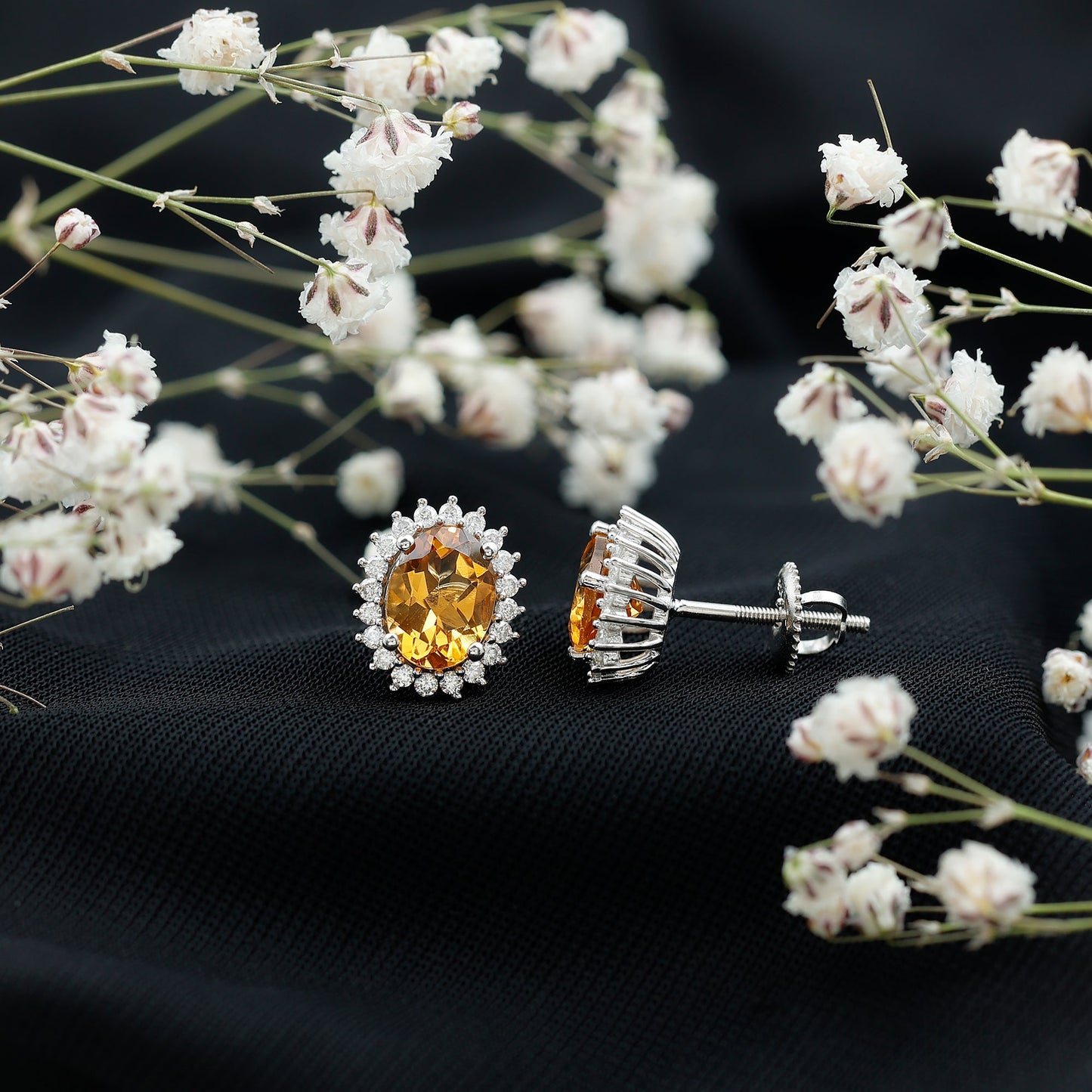 Natural 6X8mm Oval Citrine Stud Earrings with Halo