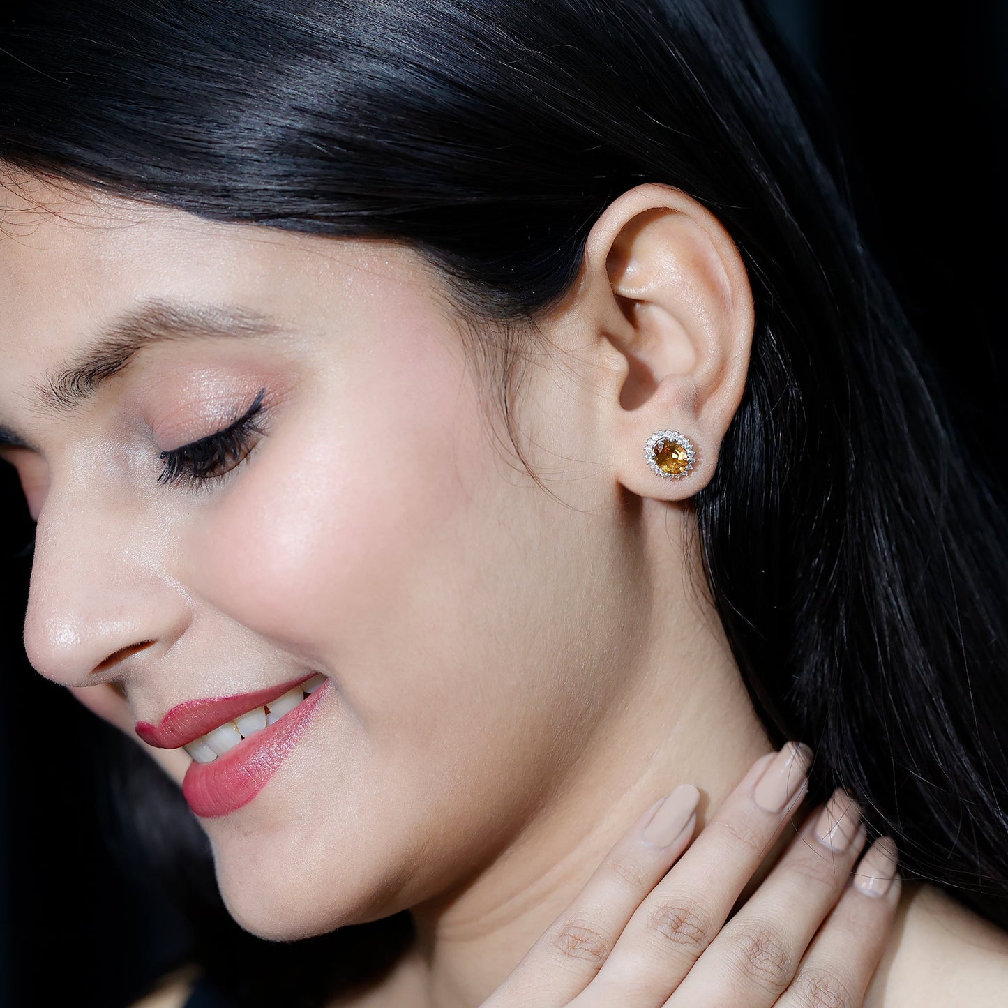 Natural 6X8mm Oval Citrine Stud Earrings with Halo