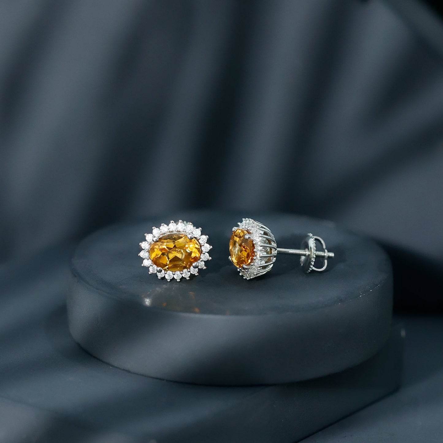 Natural 6X8mm Oval Citrine Stud Earrings with Halo