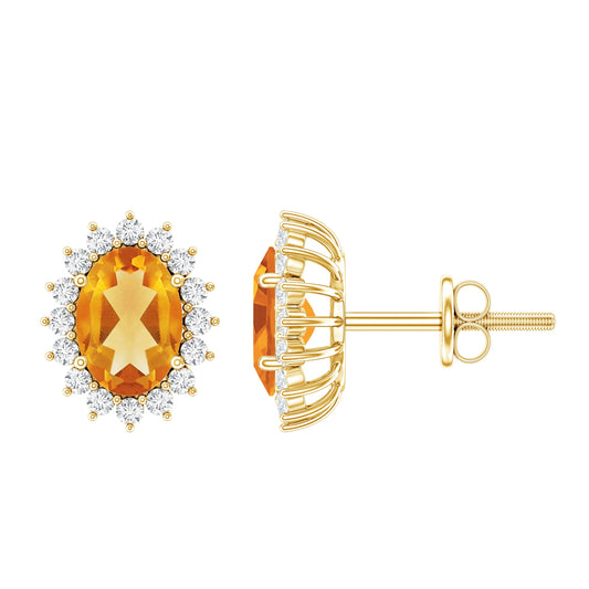 Natural 6X8mm Oval Citrine Stud Earrings with Halo